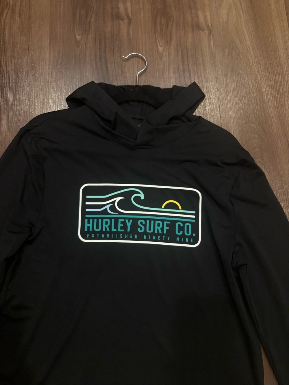 New Hurley Black Hooded Surf Logo Long Sleeve Top with Teal Accent